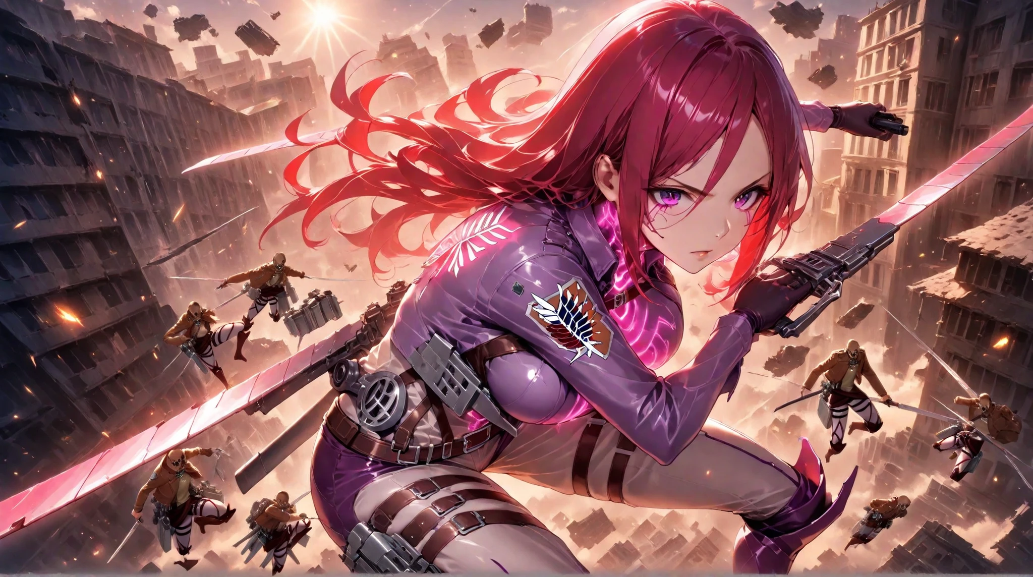 masterpiece, ultra detailed, 4k resolution, cinematic lighting, dynamic angle, perfect anatomy, a beautiful woman (beautiful curves), long red hair with embroidered tips, purple eyes, wearing purple cyberpunk armor with neon pink accents, using two katanas with the blade glowing with pink neon, using the Three-Dimensional Maneuver Equipment from the anime Attack on Titan, arms forming an x, coming from the sky, aerial view of the scene, diving to attack in fighting with a several titans made of flesh and muscle from anime Attack on Titan 1:2 on the ground, epic battle scene, dynamic fighting pose, below them many buildings and houses destroying and exploding in a cinematic scene, perfect lighting, shadows, ray tracing