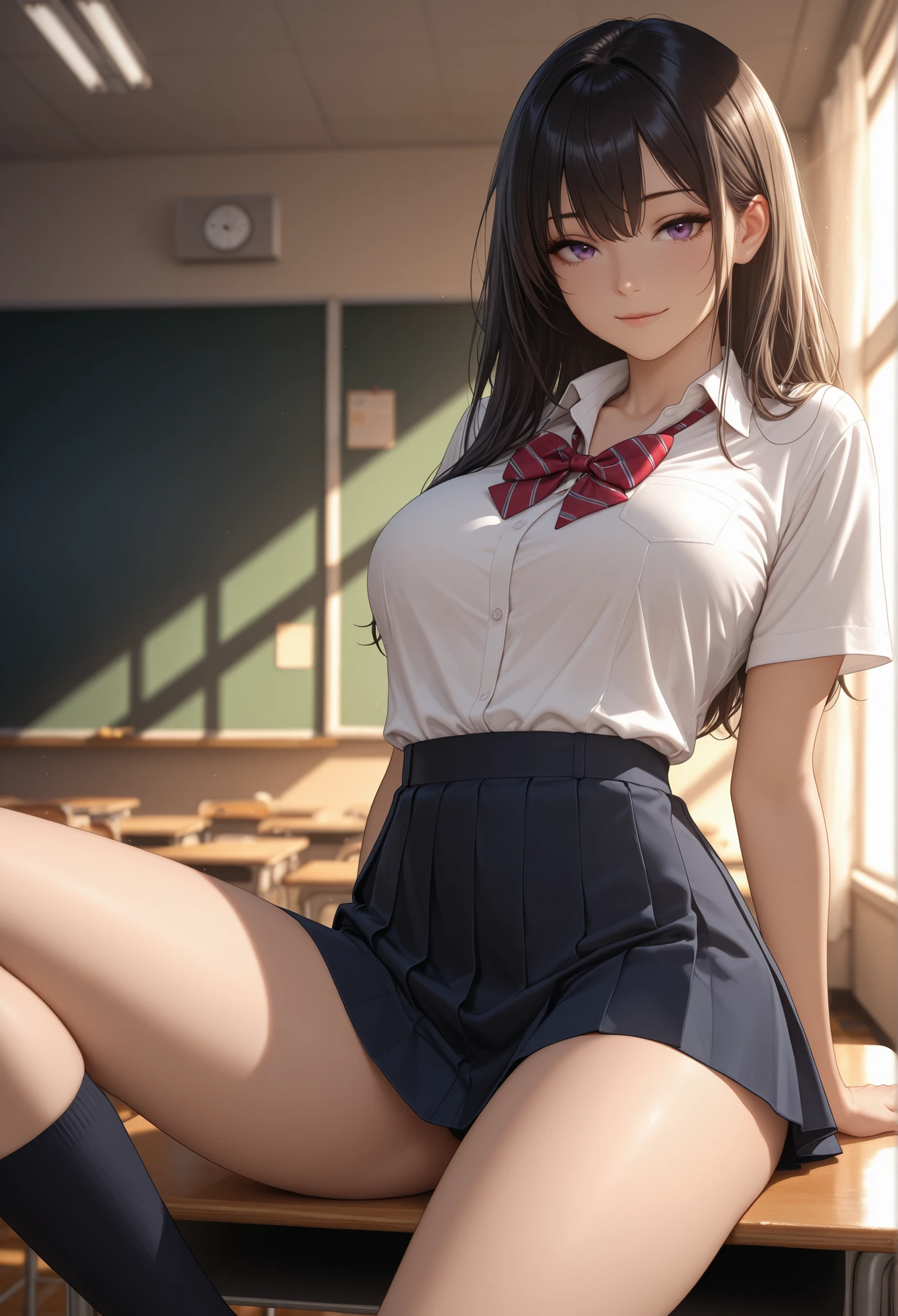 Japanese anime character、ponytail、high school、female,full body rendering,looking at the viewer,Face-to-face audience,Wearing trainers and ankle socks,big breasts,,slim body legs and thighs,skinny,short,In the classroom,I am willing to do anything for better grades.,wearing a shirt and tie,Wearing a plaid miniskirt,18-year-old,shy smile