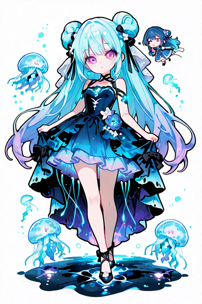 <lora:Cthulhu:1>, 1girl, uruha rushia, hololive idol uniform, virtual youtuber, solo, gloves, white gloves, hair bun, red eyes, double bun, idol clothes, green hair, simple background, bow, white background, open mouth, looking at viewer, thighhighs, smile, skirt, full body, hair ornament, short hair, boots, sleeveless, belt, official alternate costume, alternate costume, bangs, white footwear, blush, butterfly print, blue hair, idol, hair bow, dress, single thighhigh, bowtie, blue bow, miniskirt, gradient hair, wrist cuffs, standing, multicolored hair