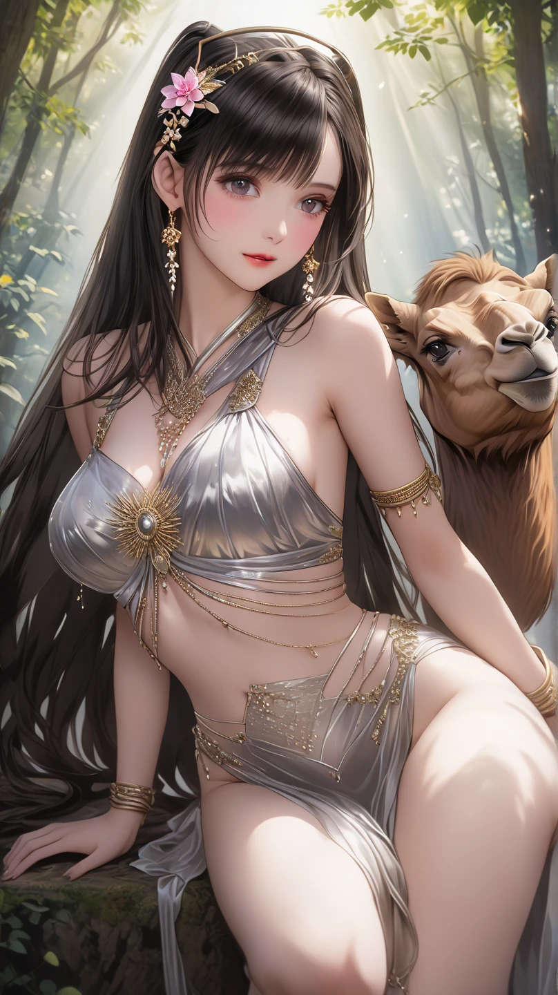 (Hyper-realistic), (A high resolution), (8K), (extremely higly detailed), (Most Best Illustration), (美丽细致的眼睛), (best qualtiy), (ultra - detailed), (tmasterpiece), ( wallpaper), (详细的脸), 独奏, 1 rapariga, White wavy hair, korean people, heterochromatic eyes,, Bigchest, Long legs, Tightens abs,(Camel toes),(blackstockings),(pantyless),(no clothe)