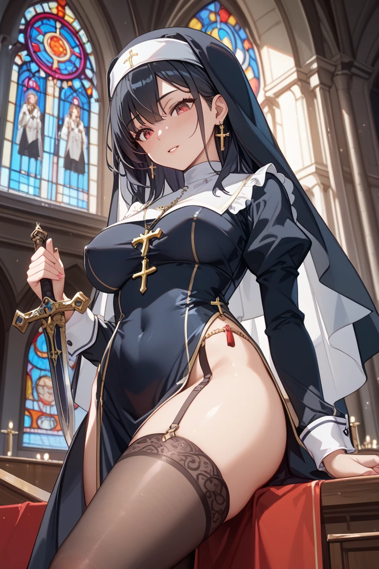 1girl, solo, asuna, large breasts, smiling, ((nun super micro small outfit), nun veil, necklace), church background, beautiful face, perfect detailed lines, (masterpiece), no blur, 8k image. Super tight, translucent micro clothes, small mini lace lingerie, hard nipples, super smal clothes, detailed skin, perfect details, ((half naked)), full body picture