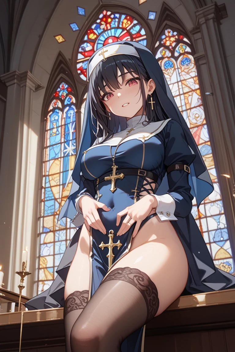 from below, 1girl, sitting, (skirt lift), spread legs, large breasts, curvy, priestRO, long sleeves, pantyhose, thighhighs, garter belt, shoes, long dress, puffy sleeves, turtleneck, necklace, cross necklace, impossible clothes, plump legs, panties, smile, happy, depth, in church, stained glass, masterpiece, high quality, best quality, beautiful, hd, perfect lighting, detailed face, detailed body, masterpiece, best quality, intricate details, 8k uhd, perfect face, perfect eyes