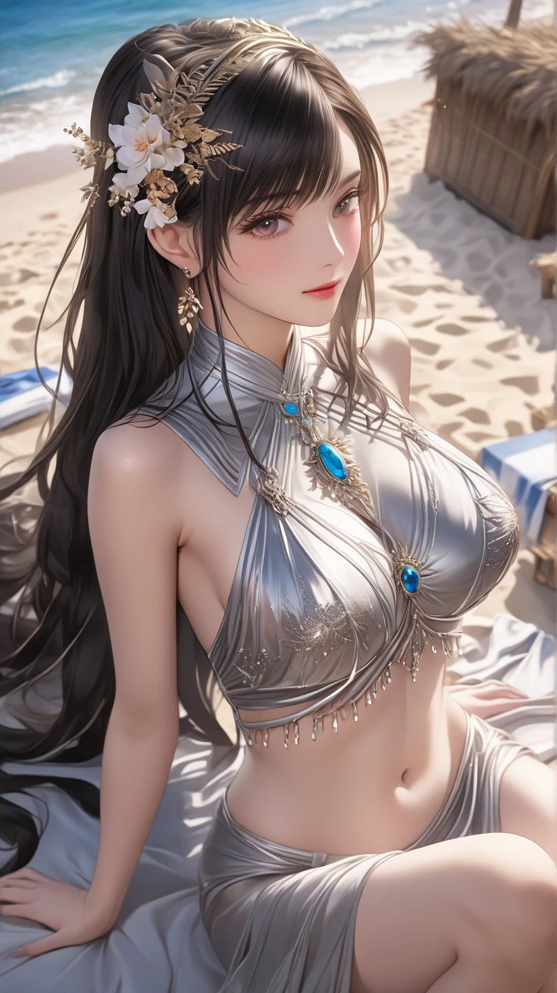 fotorrealista, high resolution, 1 mulher, hips up, Olhos bonitos, cabelos longos, olhos anelados, bikini with a transparent skirt, jewelries, tatuagem, medusa