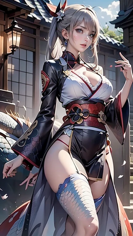 (8K,best qualtiy,tmasterpiece:1.2),(realisticlying,photo-realistic), (1girll), 独奏, huge tit, long whitr hair, sitted, close to viewer, (underdressing, Ming, Tomorrow morning, Erotic lingerie: 1.4), Light smile, (Arm behind your back), Eau, and the sun was shining brightly, (Sakura blossoms), Snowy mountain lake in the background,nabel,Side view,Pregnant women with