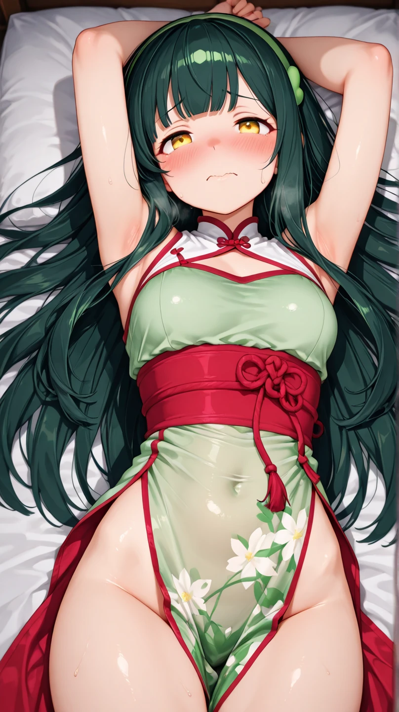 Highest quality、Ultra-high quality、woman、Black Hair、Completely naked、Pale yellow-green eyes、Orange pattern in the middle of the eye、Large Breasts、woman器、Panting、Open your mouth、Sticking out tongue、My face is wet with white fluid、Dripping saliva、woman器から白い液が流れる、Nipples get erect、White fluid coming out of nipples、crawl on all fours on the floor、Bedroom from the Taisho period