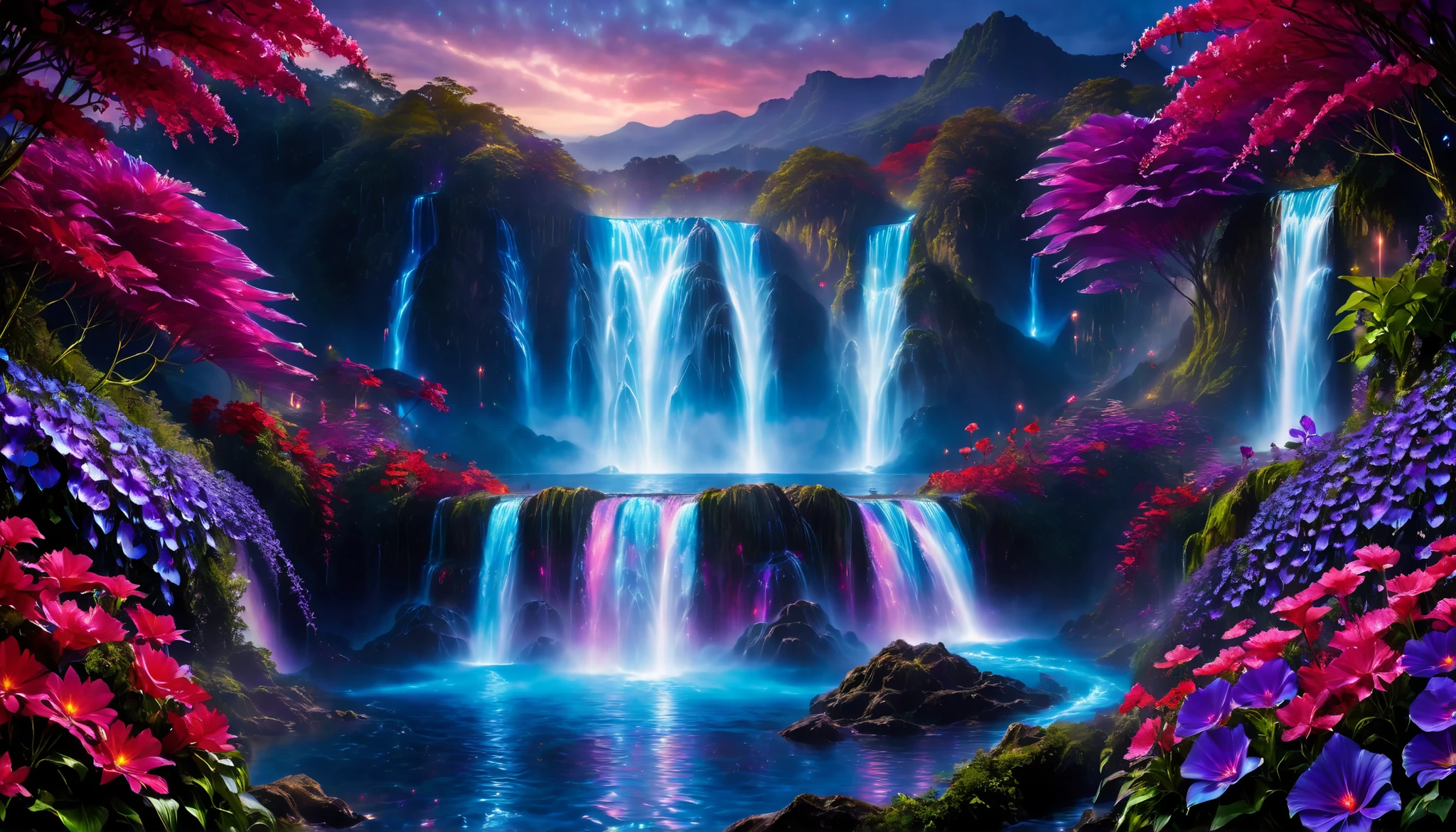 Shiny purple |Pink|blue waterfall amongst strange magic flowers, At night, glowing fairy lights , magic, High quality fairyland waterfall, Realistic Water, ripple, 8k,(A mysterious and majestic large waterfall that can be seen in the back:1.5),Scenery photos of the most beautiful country in the world,(Large blue, purple, and red flowers are in full bloom:1.5),