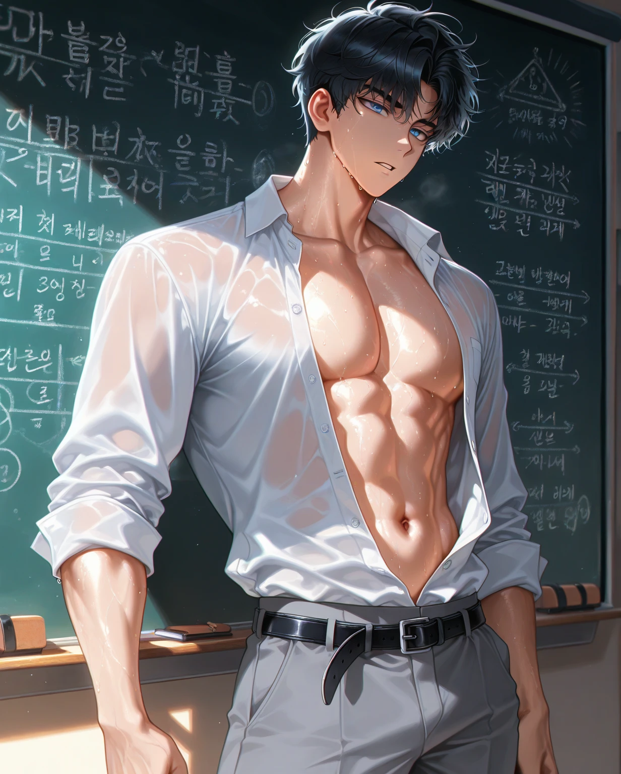 best quality, masterpiece, extremely detailed, handsome young man, skinny build, messy curtain bangs, thick-rimmed glasses, cute preppy college uniform, standing in front of classroom, mathematical equations on blackboard in the background, topless, his arms folded across chest, shy expression, gay, homoerotic, romantic atmosphere, ambient lighting, extremely dramatic shadows, perfection, no watermark, no logo, no signature