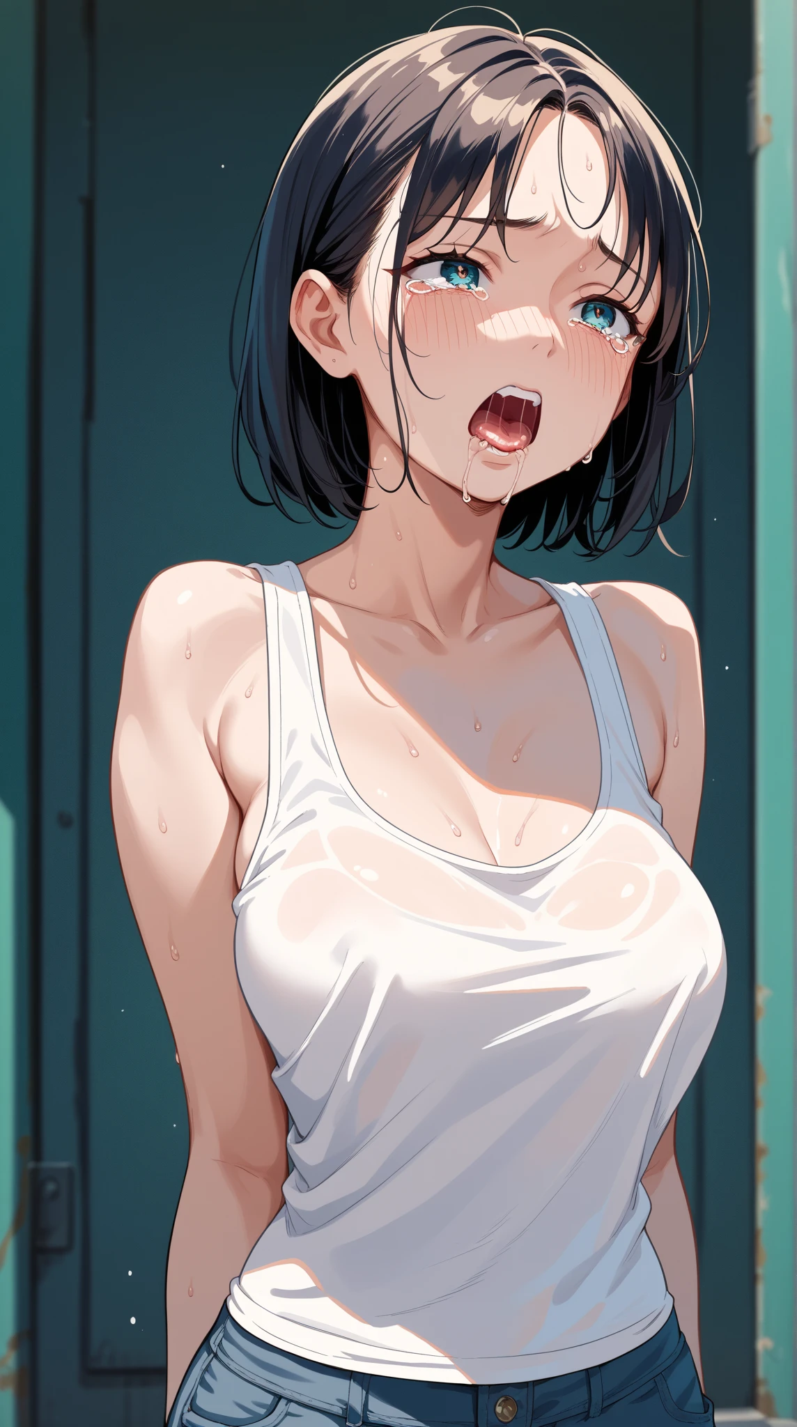 nsfw:1.5,(((Perfect Anatomy, Anatomically correct, Very detailedな肌))), 1 girl, Japanese,  Shiny skin, Observe the audience, ((Back view, From below)), Beautiful Hair, Beautiful Face, Beautiful details, (short hair:1.1, Bobcut:1.2), Dark blonde hair:1, blue eyes, Baby Face, Mole under the eye, Beautiful clavicle, Beautiful body, Beautiful breasts, Big Breasts:0.5, Beautiful thighs, Beautiful feet, Camel Toe, ((Short sleeve, Torn shirt、Tight mini skirt、Torn stockings)), Captivating thighs, ((Embarrassing, Scared, sad, tears, cry, Half-open mouth)), Are standing, (((Leaning forward),  Raise one leg, Torn clothes:1.5、Bare nipples)), ((midnight:1.5、Late Night:1.5、Dark without light:1.5))、8k, highest quality, Masterpiece​:1.2, locker room、Very detailed), (Realistic), Beautiful illustrations,  whole body,(Face pressed against the wall:1.5、Strong man)
