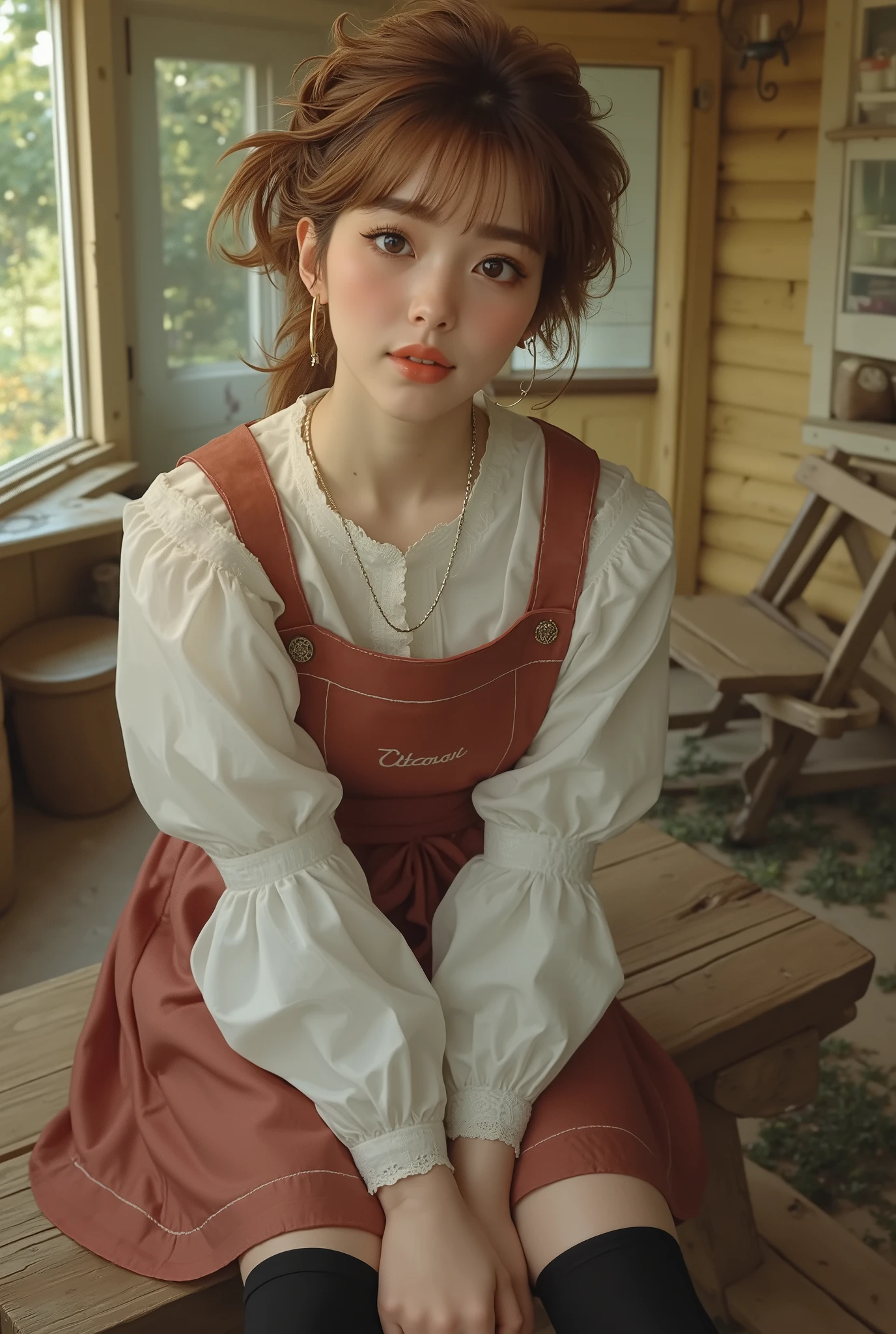 ((top quality、masterpiece、high sensitivity、high definition、detailed depiction、Delicate Facial Description、Fvalue:6.0),((Slender Woman、wearing glasses)),advanced digital art、Frilled Blouse、apron skirt、high cut boots、makeup:(Light Blue Eyeshadow、pink rouge、orange cheek、)Country Cottage、Sit on a Log Bench、