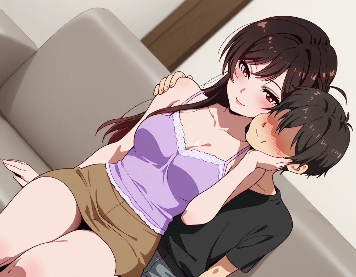 Girl anime sitting on a boy's lap while looking pleased and sticking out her tongue, between her legs is the boy's penis which is taking out semen and leaving it spread on the woman's thighs, the woman has a big butt and breasts, she has a short white shirt with a large neckline that shows her body, also very short shorts