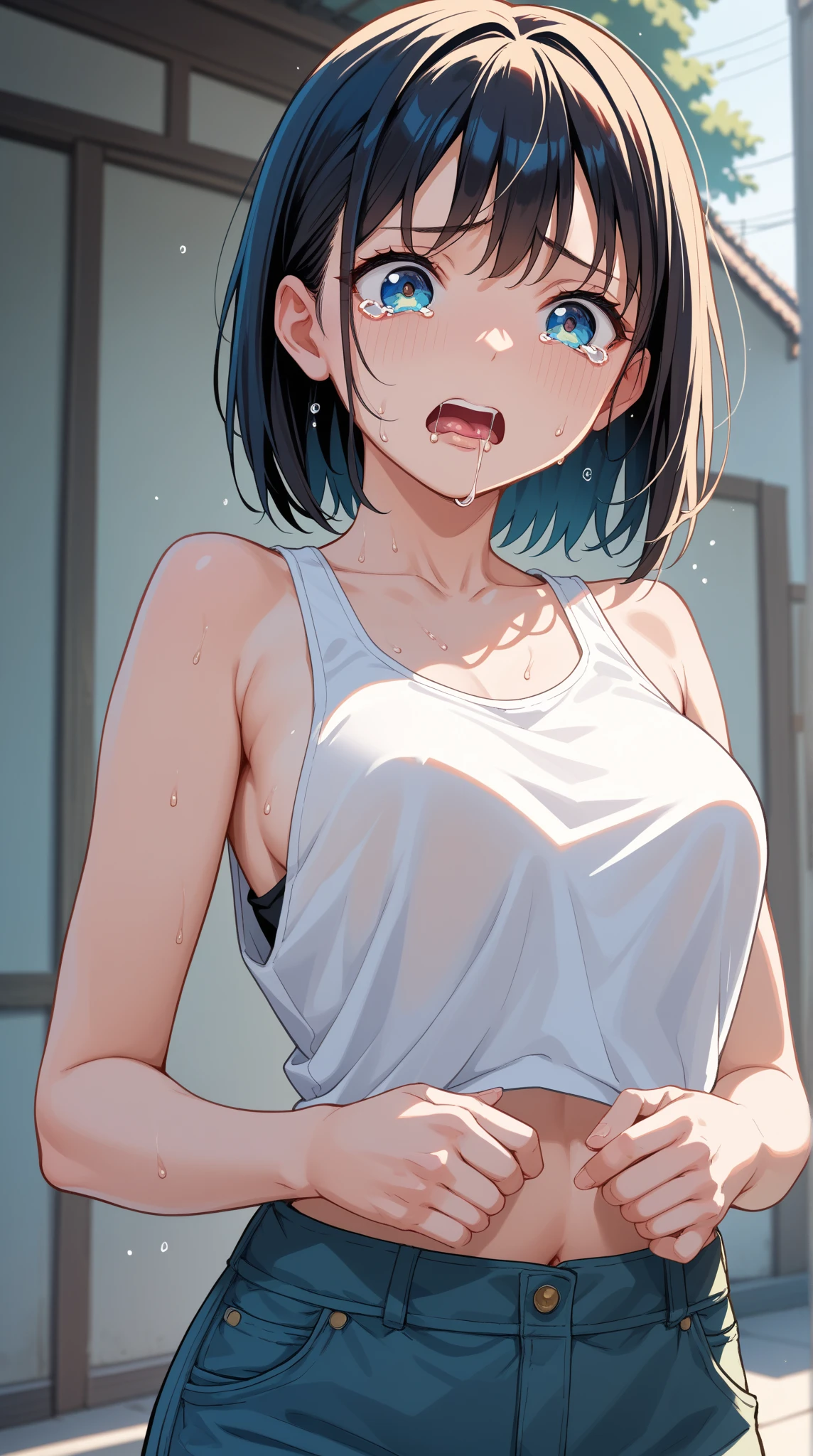 NSFW、masterpiece, 最high quality, high quality, High resolution, One girl, alone, Blue Hair, Long Hair, blue eyes, White shirt ,Black office skirt, Knee socks, whole body, Are standing,  Depth of written boundary, Research Room,(((Body odor、Bad smell)))、(((Sweat)))、(((Sweat染み、Yellowing、odor)))、(((Soaking wet)))、(((((Love juice)))))、((((Detailed pussy))))、(((Standing doggy style)))、((Leg spread))、(((Covered in bodily fluids)))、(((Squirting)))、(((Climax、Ecstasy face、Watery eye、Drooling)))