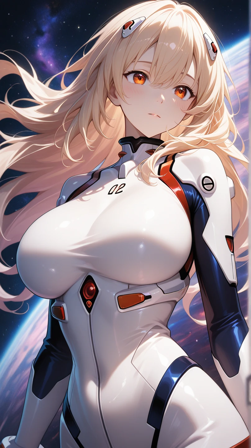 1girl, huge breasts, breasts, thick thighs, wide hips, mature female, milfz tall, tall female, toned, toned female, smile, futurustic, science-fiction, machinery, tech, white bodysuit, bodysuit, thighhighs, 