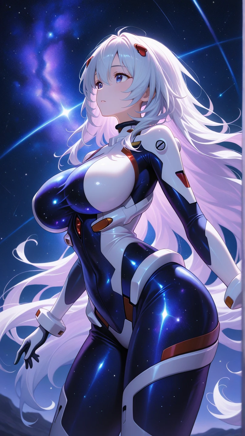 1girl, dark skin, dark-skinned female, white hair, long hair, yellow eyes, large breasts, breasts, thick thighs, wide hips, mature female, milf, tall, tall female, toned, toned female, smile, futurustic, science-fiction, machinery, tech, white clothes, white bodysuit, bodysuit, neon trim, neon, neon lights,