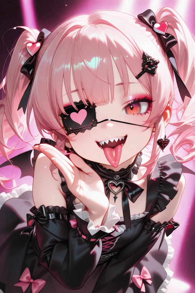 woman\((cute,Eye patch\(very cute, Gothic Fashion,heart mark\):1.3),17 years old,skin\(white,青whiteい,Smooth,Silky,Shiny\),eye\(beautiful,Many star-shaped highlights\),Putting on makeup\(pink\),,Open your mouth,,hair\(pink,Twin tails,floating,Rolled up,detailed,Shiny\),hairclip\(heart\),Costumes\(pink colored gothic lolita\),eye尻\(pink:1.3\),(narrow eye),very cute pose,(chest:1.3),開いたchestの谷間, cute hand sign\), break ,background\(Harajuku\(Tokyo,Japan\),At night,cute,Fancy,dark\), ,quality\(8K,wallpaper of extremely detailed CG unit, masterpiece,High resolution,top-quality,top-quality real texture skin,Surreal,Increase the resolution,RAW Photos,最高quality,highly detailed,wallpaper,Cinema Lighting,Ray-tracing,Golden Ratio\),(Dynamic Angle),(Face close-up:1.3),Looking down at the viewer,From below,Better Hands