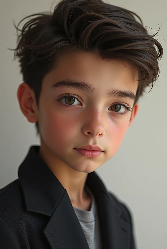 Brown haired boy with slightly black eyes tall