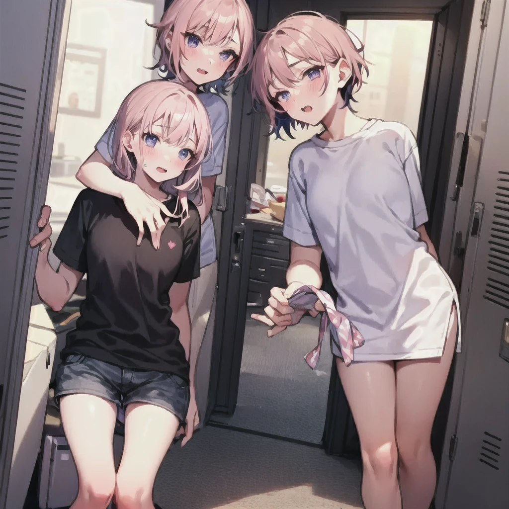4girl,bob cut,short ponytails,beautiful girl,15 years old,(small brests:1.2),(skinny:1.2),,akb48,nogizaka46,long hair, short hair, multiple girls, (fullnude:1.7),pussy,soks, loafers, (hold a smartphone in hand:1.3),(white mask:1.0),stand evenly against the wall,early morning,pink panties,
