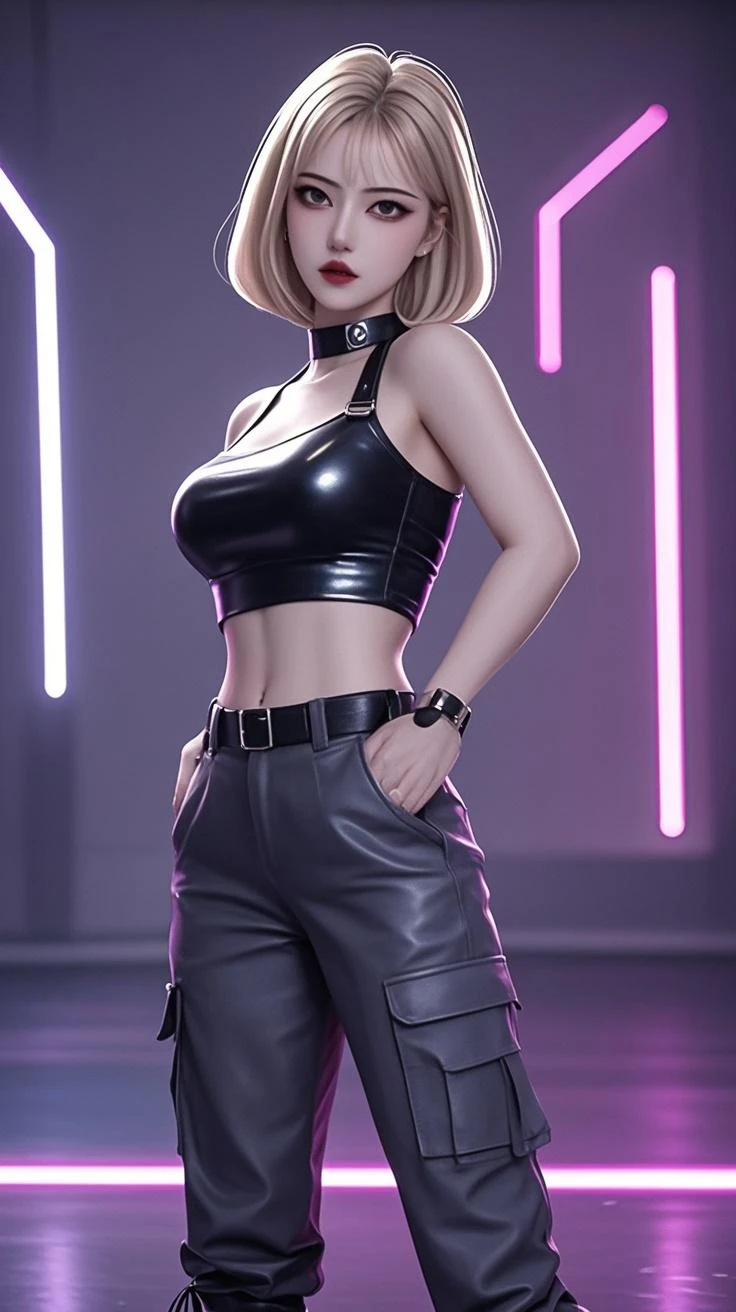 ((masterpiece, best quality, ultra-detailed, ultra-HD, photorealistic, cinematic)), ((alluring female model)), perfect body, voluptuous body, perfect anatomy, perfect face, perfect hands, large cleavage, round ass, long round legs, (sharp and asymmetrical bob cut hairstyle with a metallic sheen, silver hair), (wide shot, full body view:1.5), (sleek, form-fitting metallic jacket paired with holographic-coated jeans), (high-tech smart glasses and a metallic choker), (gradient background:1.2), (sensual pose)
