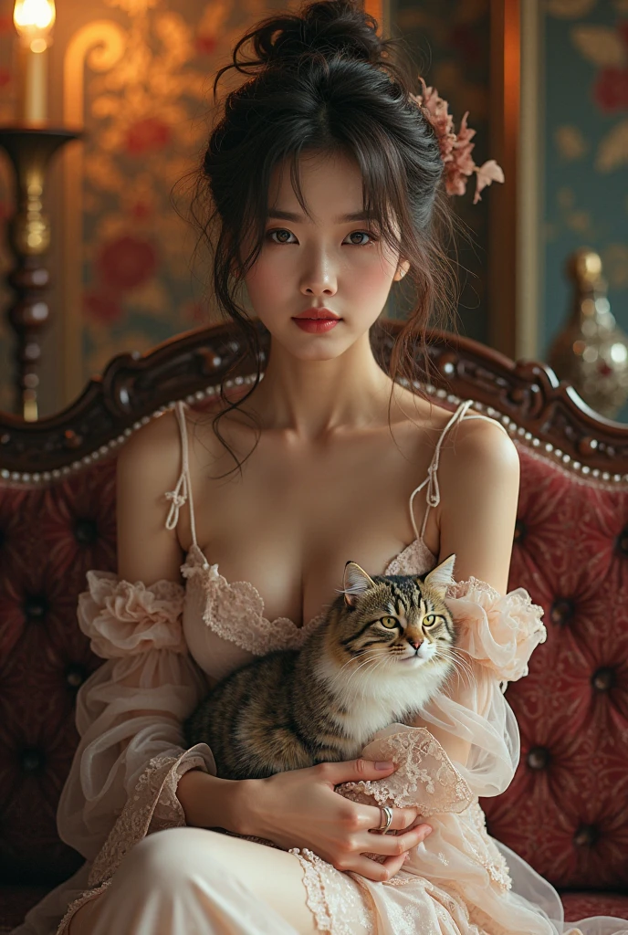 Photoshot of a beautiful sexy hot woman playing with a cat in a beautiful luxurious room .