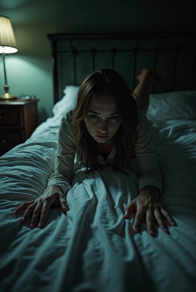 A photorealistic image focused on the scene of the exorcist's girl but taken from a distance, the girl's face looks possessed, lying on a bed in a room set in the 1970s, tied with a rope and next to it are two priests praying and reading the bible. The girl has white eyes, a dirty mouth with thick green liquid coming out of her mouth and her collar and suit are dirty with that liquid, a gloomy face and messy hair, the girl's skin looks somewhat torn.