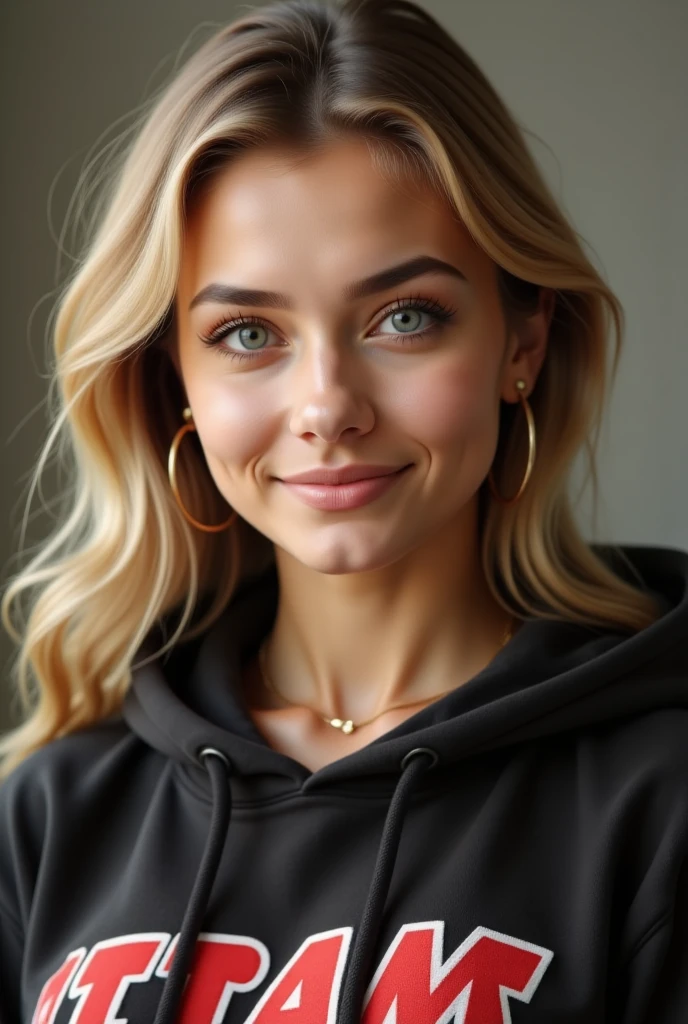 Super Resolution、Beautiful Caucasian Woman、、Blonde Hair、blue eyes、Ear piercing、necklace、hoodie、、smile、Beautiful teeth alignment