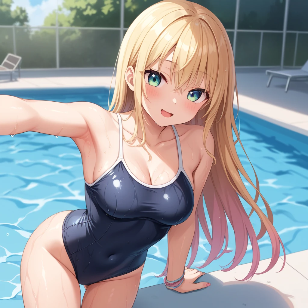 ((Highest quality、Pieces fly、High resolution))、(((Zoom photo from above:1.95、Fairy、Navy school swimsuit、Cute Smile:1.5、blush:1.5、White liquid:1.5、、Bukkake:2.5、Bukkake、Wet body:2.5、Wet body、Wet Hair:2.5、Wet Hair、Big Breasts、Cleavage、Blonde、Wavy Hair、Pool)))