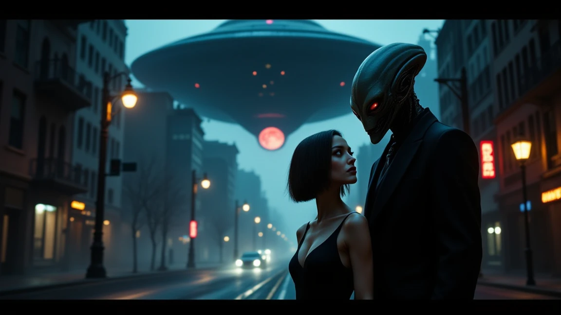 1 alien man 3 meters tall skinny bald black eyes round ears wearing black rocker clothes sitting on a red Scooters model motorcycle also sitting an alien woman raising her arms
