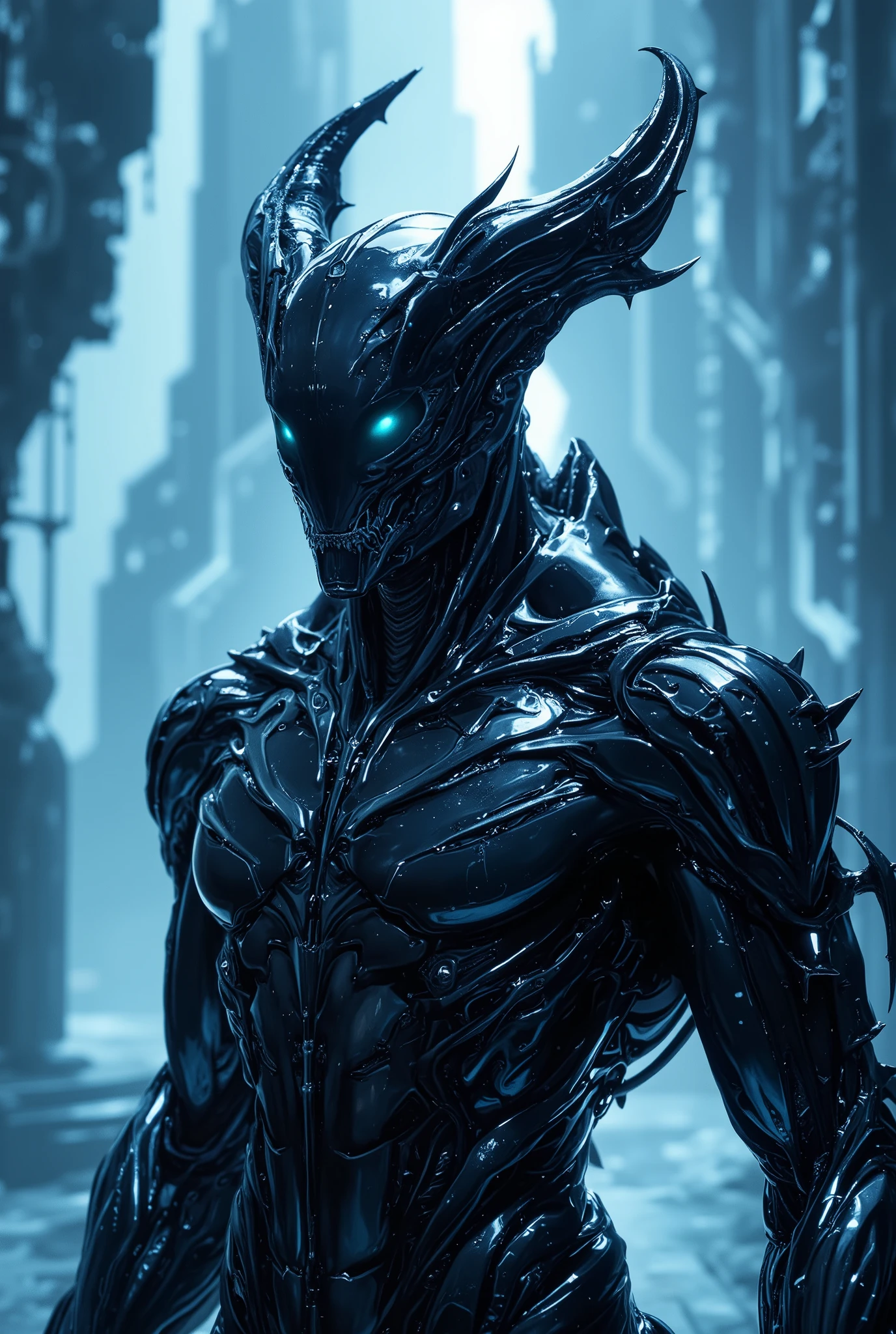 A sleek and powerful alien warrior made of translucent obsidian glass, with smooth, fluid contours and sharp, horned helmet. Reflective surface with subtle inner light, like liquid metal or black crystal. Hyperrealistic detail, sci-fi surreal aesthetic, ambient soft lighting with a futuristic blue-white gradient background. Art style inspired by H. R. Giger and digital sculpture, 8K, cinematic concept art.