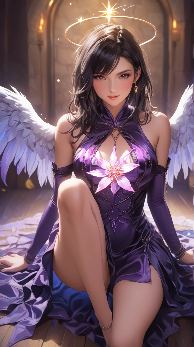 Soft Light, masterpiece, Highest quality,(finely detail:1.4),armpit, (miyu edelfelt), clothes reflecting light, detailed body, brown eyes, hair between eyes, black hair, medium hair, hair ribbon, x-shaped hair ornament, breasts, sidelocks, twin tails, kawaii, magical girl , clothing cutout, side cutout, detached long sleeves, (purple leotard), purple thigh highs, white cape, 1 girl, 独奏, (masterpiece, best quality, 8K:1.2), realistic, (high quality), (no skirt)