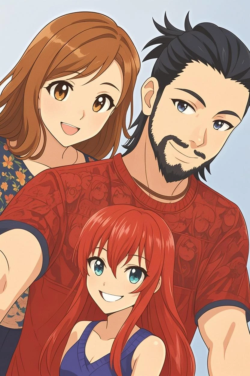 Family, on sofa, happy faces, naked body, red hair, daughter sitting on father big dick,