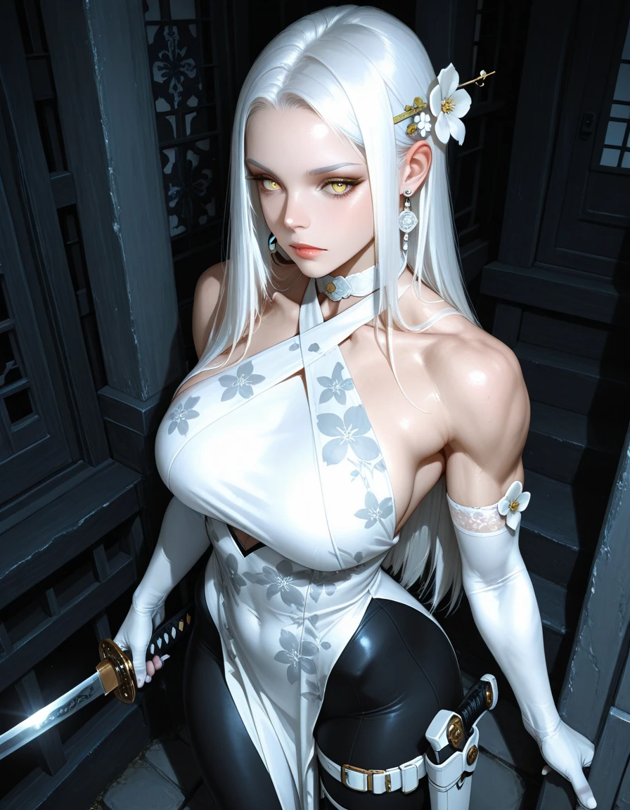wonderful, masterpiece, white hair, Golden Eyes, White clothes, look up, Upper Body, hair, Fair skin, Side braid, Dragon Girl, (beautiful, Pure beauty), (Advanced light, Sharp contrast, Strong Deep Shadow Strong), (perfection, The details are in order), (feminine, Fantasy Illustration, epic beauty, overhead lens, Exquisite character art) (((He has many tattoos all over his body)), Streetwear, (((Tight shorts))), blonde, (((Tight waist))), ((Big Breasts)),(See-through)
