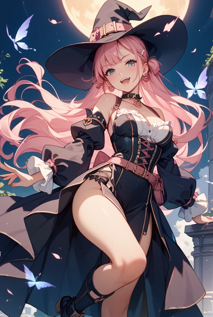 beautiful girl, long hair, hair clip. put your hands on your chest, cloak. thigh corset. side knife, gorgeous outfit. smile