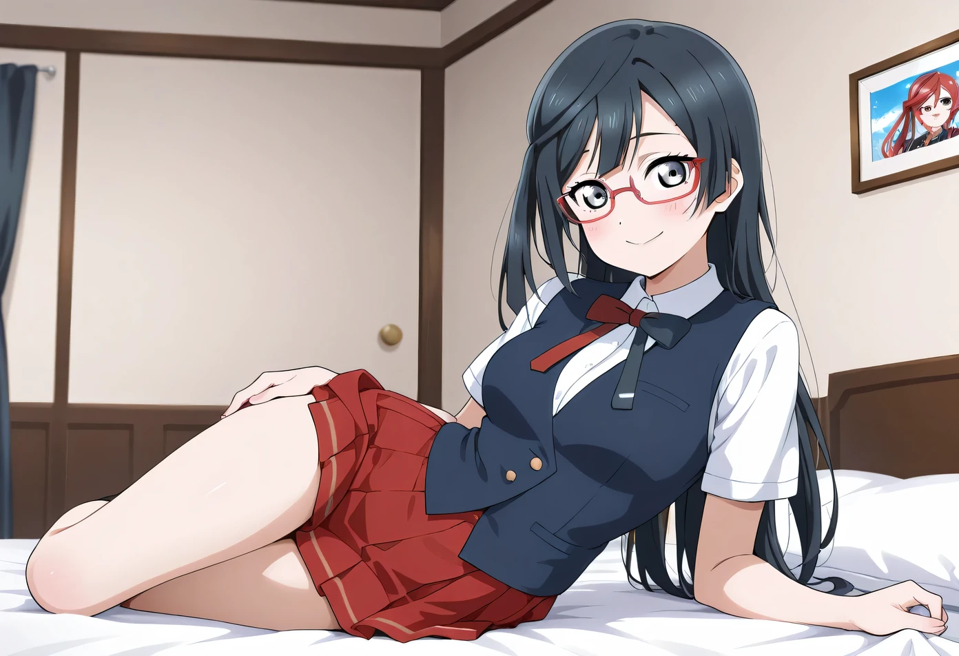 An image of Yuki Setsuna, sexy look , white shirt, Blue vest , short foldable skirt, school uniform red glasses, thin waist, room , bed