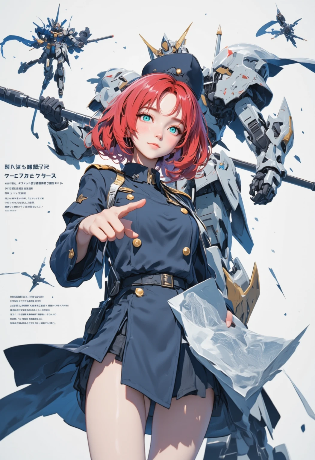 (highest resolution, distinct_image) best quality, cyberpunk, 30-year-old handsome and cold woman (casual pose) (holding gun) (huge spaceship behind), masterpiece, semi-realistic, , short red hair, curly hair, blue Eyes, cold eyes, tall and strong, handsome, black clothes, black uniform, military uniform, black jacket, black trousers, military school, cold, serious, tall, handsome, autocratic, powerful, overwatch