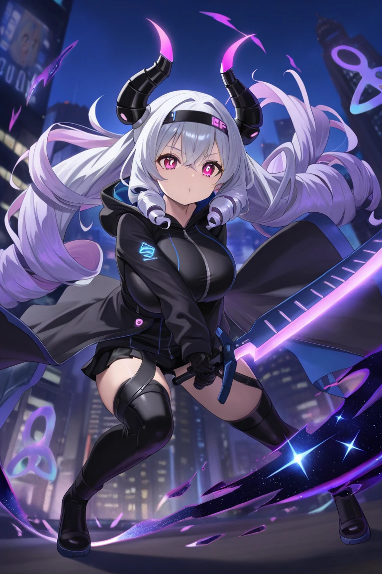 Highest quality, masterpiece, Ultra-high resolution,City of night,Standing woman，Neon Town, cyber punk vibe, cyber punk art style, cyber punk vibes, digital cyber punk - anime art, cyber punk themed art, cyber punk anime art, digital cyber punk anime art, in cyber punk style, cyber punk artstyle, has cyber punk style, anime cyber punk art, in cyber punk city, cyber punk art, cyber punk))), cyber punk style, style of cyber punk,Seraphim, skirt,, Multicolored Hair, Grey Hair, Striped Hair, hair ornaments, smile, Black Hair, Clothing cutouts,Black jacket, Earrings, Braiding, tooth,Long Hair
