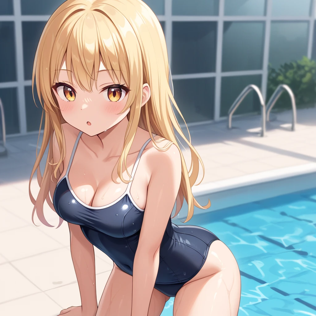 1girl in, {{{{Kokoro Tsurumaki}}}}, {{{Band Dream!}}}, （long golden hair）, （ glowing gold eyes）, Bangs, medium breasts,（(Gold Micro Bikini)）,Smile,, [Open mouth],（Stand before you）、(Gold colored wrestling shoes)、Indoor pool、（Stand on a pool float）、Happy smile、Energetic daughter、Hands on the hips、（Niō Standing）