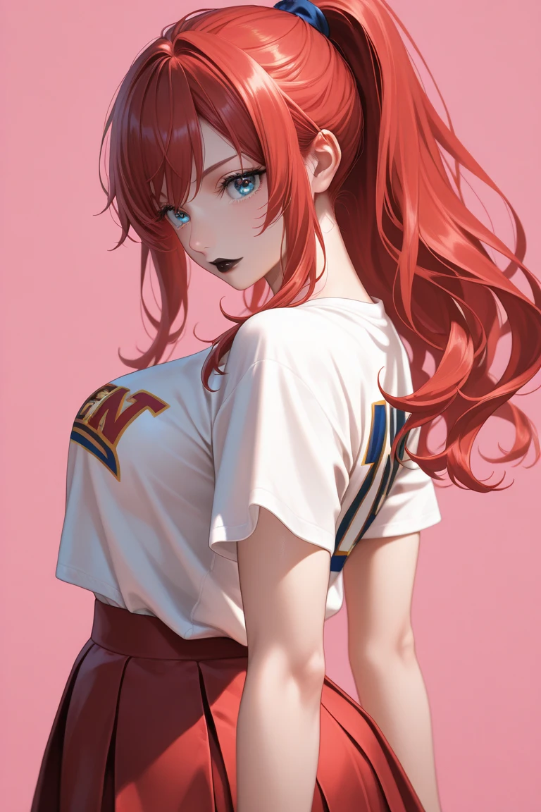 Uzumaki_kushina, big breast, wearing a jacket and white t-shirt and skirt, standing straight,face on camera, night sky,navel, cleavage ,skirt lift by hand ,ponytail,long hair