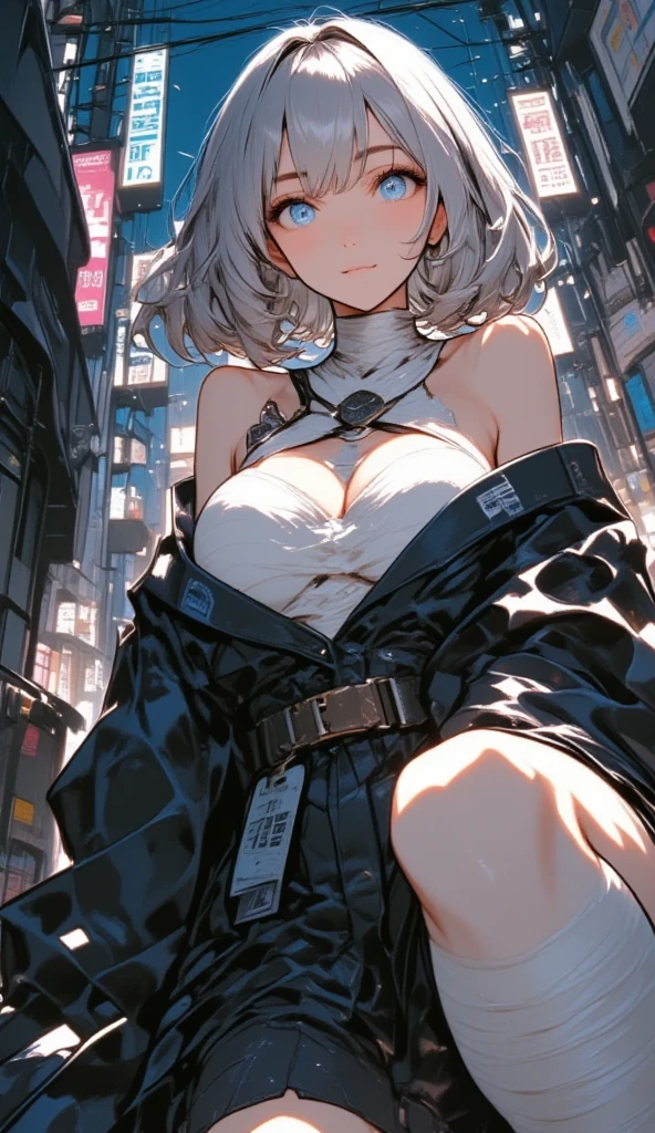 Long legs, long hair, gray hair, cyberpunk, depth of field, blurred background, thong, nudity, big breasts, cleavage, vaginal fissures, messy clothes