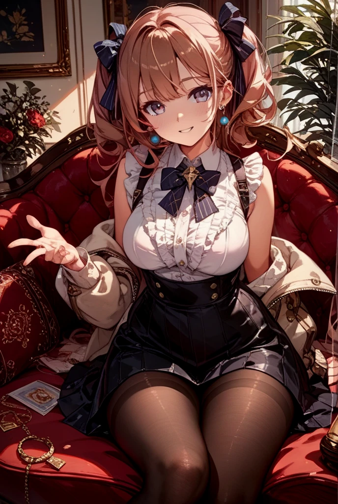 masutepiece, Best Quality, the Extremely Detailed CG Unity 8K Wallpapers, Sexy Witch , Long dark blonde wavy hair、off-shoulder knit, darkblue pleated skirt, Stockings、Medium milk, hanging breasted, Poses that emphasize breasts, Blushing, Shy laughter, Bare shoulders, (Pink lace panties、opening legs widely、Open knees）、、Luxurious magic wand and book、Church Beds、lyin in bed、stick out buttocks、You can see all the buttocks、Red and black bra