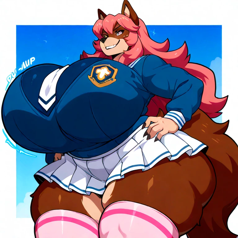 (solo) female anthro snow leopard, long fluffy fur, snow leopard, large breasts, school uniform. first 4 buttons of shirt undone exposing breasts, short plaid skirt, white stockings, shoes, snow leopard tail, fat, freckles, freckles on face, smug eyes, (mad expression), she stands and looks at viewer, purple background, plain background, thick thighs (front view), high heels