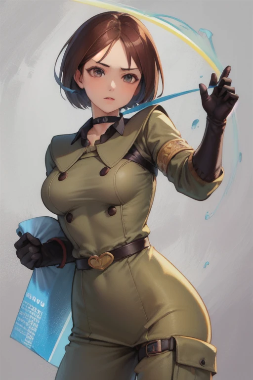 Browsing Caution, (Best image quality,highest quality,Highest Resolution, Ultra-Realistic Images,Very detailed,masterpiece,8k),One Woman,Whipping,Brown medium hair,Khaki military uniform,Leather gloves,Leather boots,((With a blue whip)),((Sticky with sweat)),Big Breasts, Erect nipples,blush, Eyes in Love, Dynamic pose ,Browsing Caution,