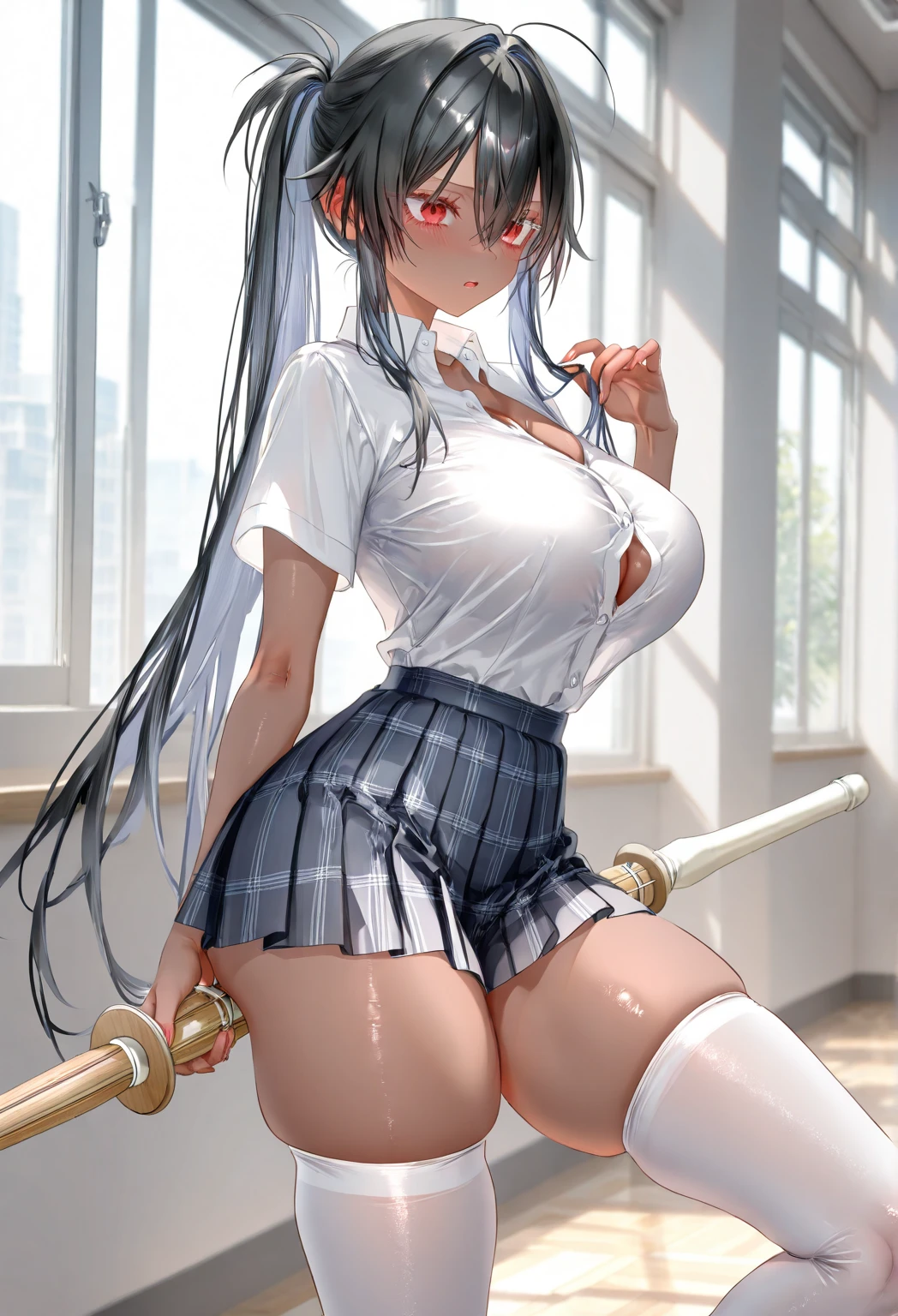 masterpiece, best quality, realistic, photorealistic, great lighting, ultra-detailed, dynamic angle, perfect face, (bright lighting:1.2),beautiful detailed eyes, extremely detailed face, perfect lighting,
1girl, darkbrown twintail hair, glasses, clothes about to come off,
high school uniform, pleated skirt, stockings, pumps shoes,
look up from below, squatting, lift up one's skirt, campus,
sweaty, wet body, navel out, thighs out, buttocks, large breast, slim, slender, translucent, Embarrassed expression, blush, ((White panties, cameltoe)),
White panties, camel toe, spread legs, bare clothing, blushing, sweaty, transparent clothing