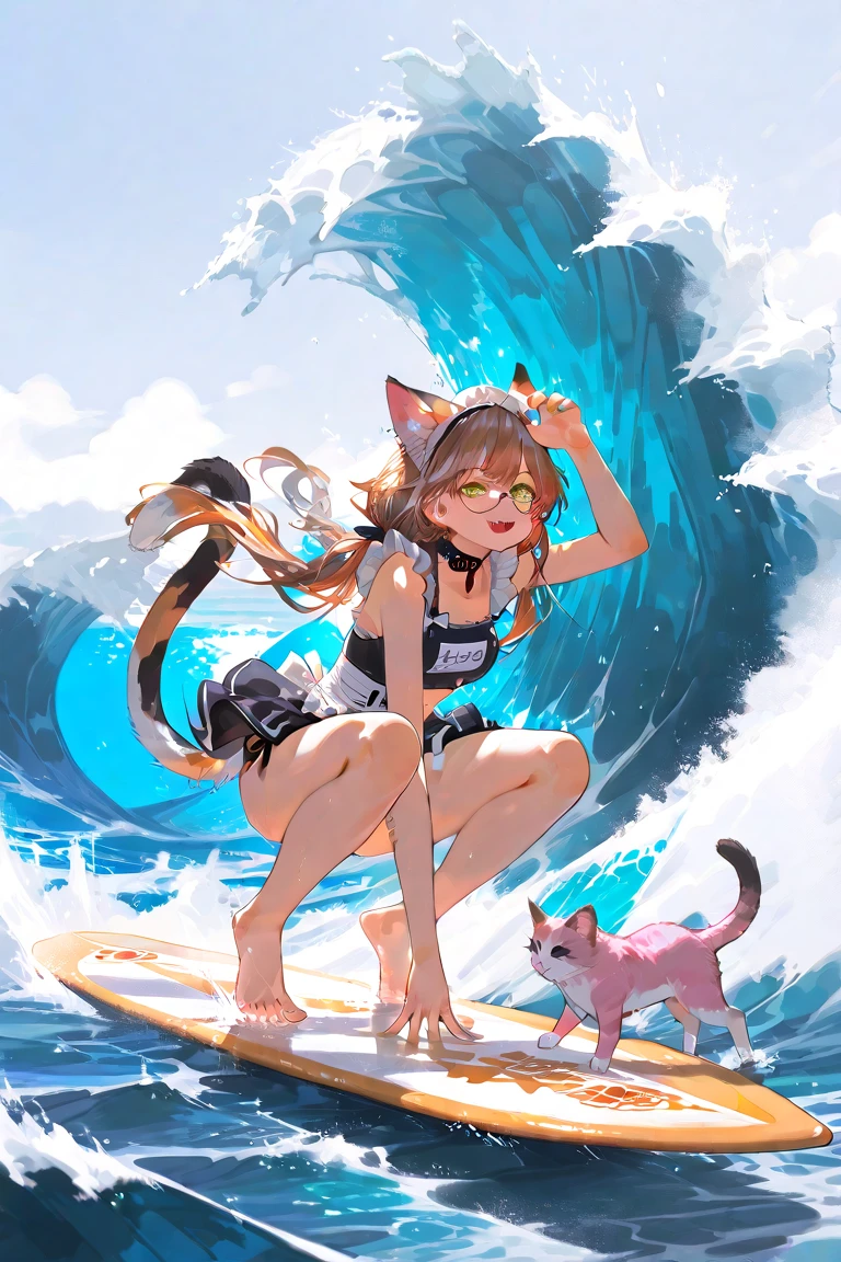 (Xiaorou SeeU, age 20, is an adorable sexy cat woman, big eyes, cute swimsuit, fluffy tail), she is surfing on small waves, super cute, so excited, show her from head to toe, hawaii