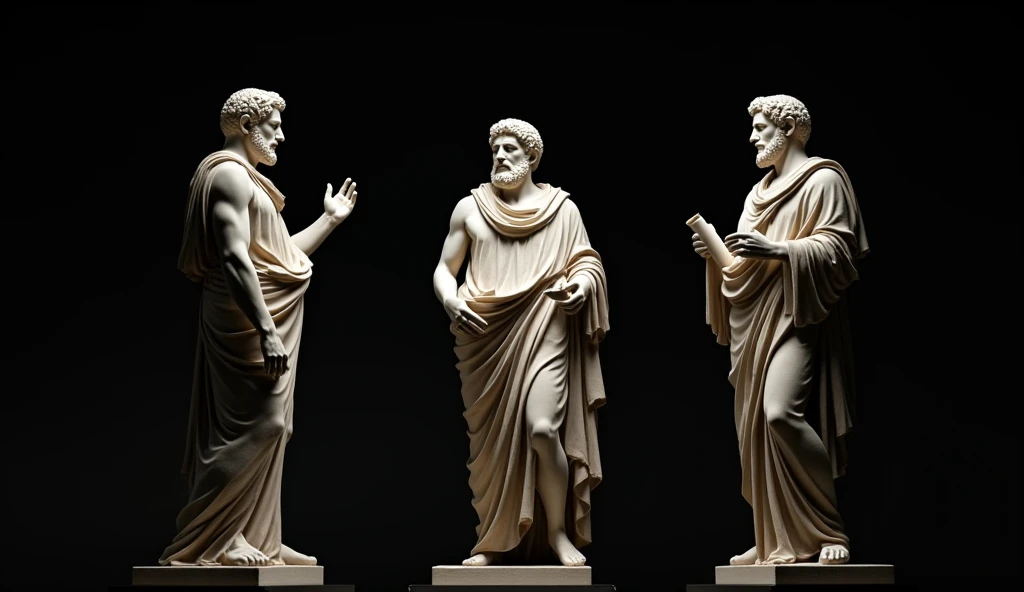 A group of marble statues of stoic philosopher like Marcus Aurelius, Seneca and Epictetus discussing from a black background