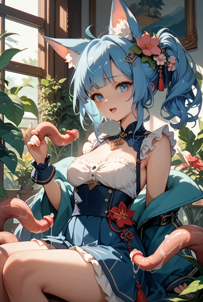 NSFW:1.4), Masterpiece, Best Quality, Ultra high definition, Best Resolution, Very detailed, Anime, ononokiyotsugi, aqua hair, short hair, green eyes, twintails, thick eyebrows, striped pantyhose, blue and gray pantyhose, dress, orange dress, white turtle neck collar, white frills, hat, puffy sleeves, short sleeves, full body, Slender, Very cute, Small breasts, Semi-long hair, Lying down, Wide open legs, Raised legs, Semi-undressing, Wet clothes, Wet body, Sweat, Under the breasts, Embarrassed, blushing, Cleavage, octopus, Sunlight, tentacles, sex, (raped by tentacles:1.2), Restraints, Spread legs, (Vaginal with tentacles inserted:1.4), creampie, Breast Out