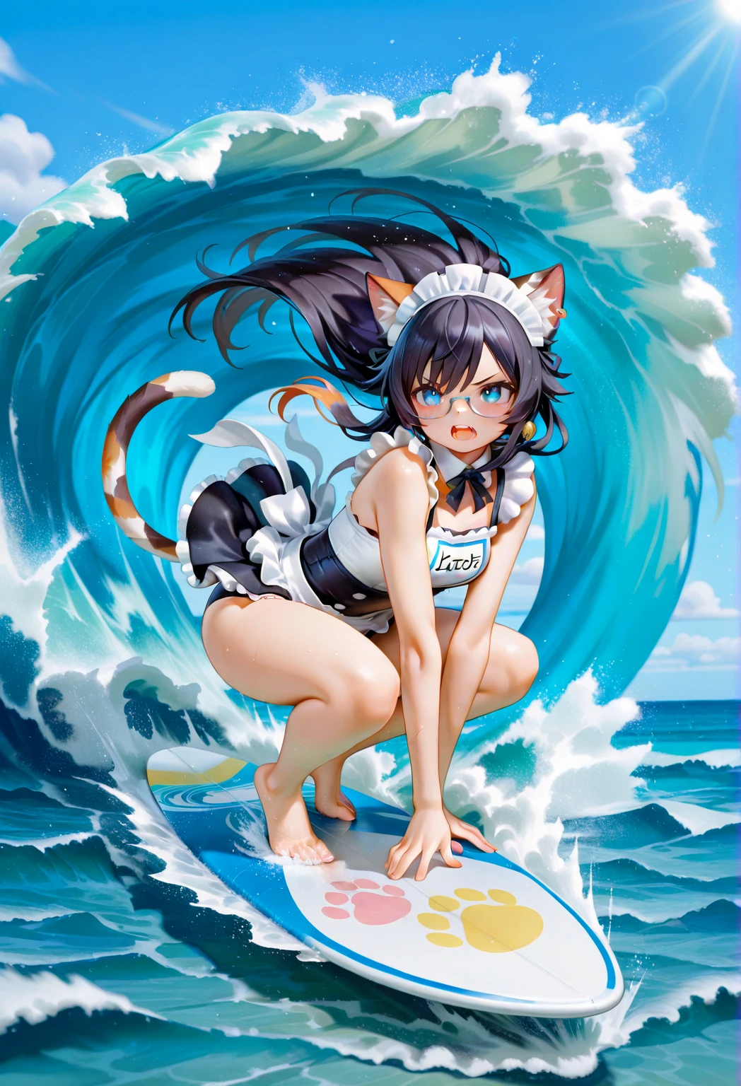 (Xiaorou SeeU, age 20, is an adorable sexy cat woman, big eyes, cute swimsuit, fluffy tail), she is surfing on small waves, super cute, so excited, show her from head to toe, hawaii