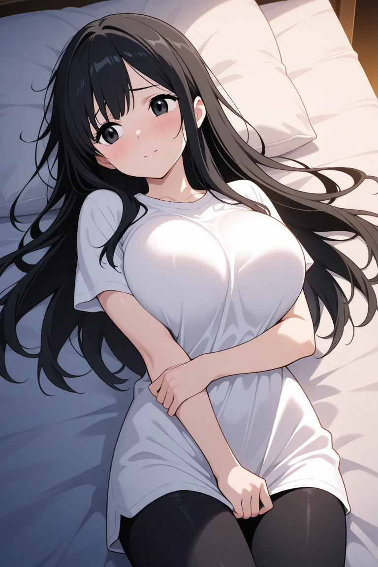 anime girl with long black hair and white shirt holding a pillow, nagatoro, hinata hyuga, with a large breasts, marin kitagawa fanart, oppai, nishimiya shouko, kantai collection style, with large breasts, in an anime style, anime moe artstyle, big breasts!!, as an anime character, official art, big breasts!