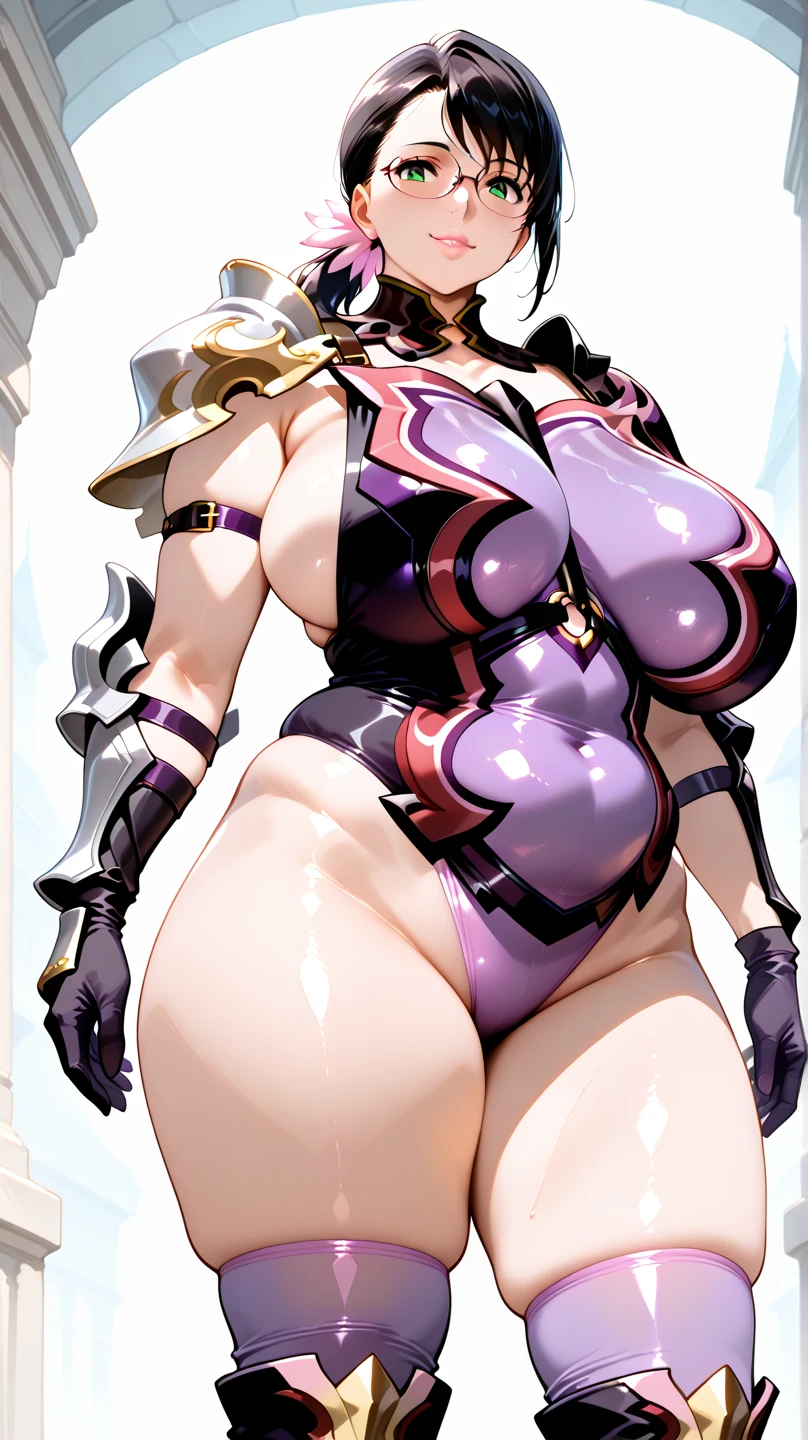 (masterpiece), best quality, female warrior, huge girl, female muscular:1.2, shoulder armor, pauldron, (((blank background))), ((full body)), fingerless gloves, sandals, sleeveless, covered nipples, ((buzzcut hairstyle)), purple hair, hair over eyes, (wide hips:1.5), thick thighs:1.7, ((camel toe)), (cleavage),