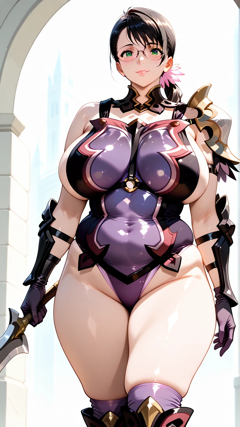 Beautiful, gorgeous, (Isabella Ivy Valentine:1.2) (from Soulcalibur), lean body, (athletic body:1.1), (round boobs), (good anatomy), white hair, (short hairstyle), (tan european skin:1.1), wearing (sexy purple bikini armor:1.1), (metal boots), (gold enrichment:1.1), (colored manicure:1.2), slim waist, (detailed eyes and face:1.2), (detailed hands and fingers:1.1), (full body), (detailed skin), (detailed hair), (detailed body), (detailed boobs), (huge breasts:1.1), (busty), (deep cleavage:1.1), (labia outline:1.3), (hard teat:1.3).