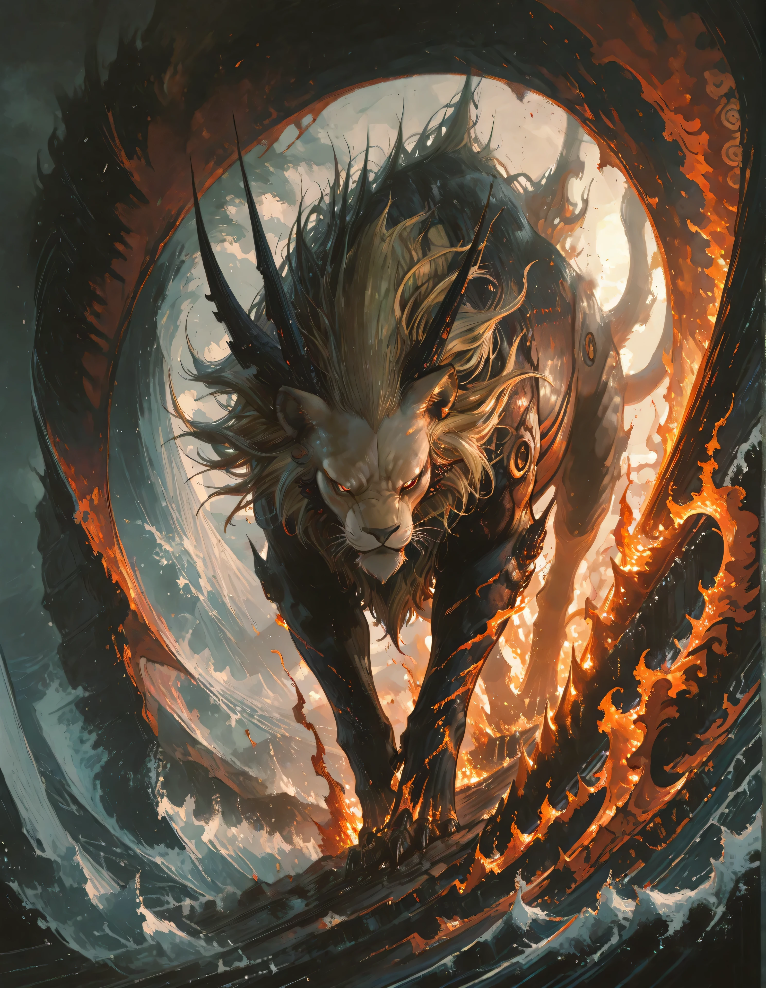 A legendary lion with a flowing, dynamic mane inspired by the wave patterns of Hokusai’s “The Great Wave off Kanagawa”, each strand moving like crashing surf. The lion is wreathed in flames, which curl and flicker around its powerful body without harming it. Its expression is mysterious, noble, and unapproachable, radiating dignity and inner strength. The scene is lit with dramatic lighting that enhances the vivid colors of its mane and fire, evoking both awe and reverence. The background suggests a stylized, stormy landscape, blending traditional Japanese aesthetics with mythical fantasy.