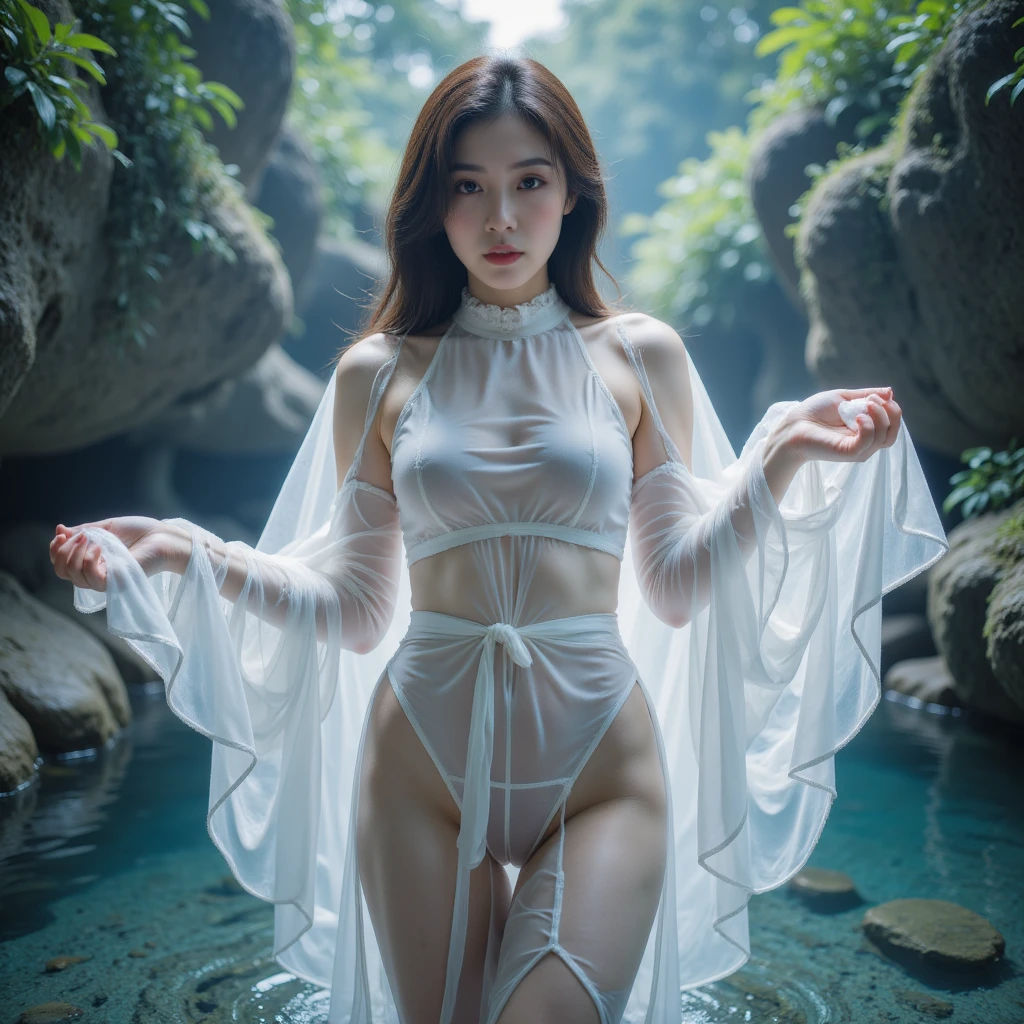8k, raw, Perfect light effect, psychedelic forest, small earrings,necklace,beauty, Pubic protrusion, Slender legs, White and tender skin, White transparent jewelry embellished hollow one-piece, big breasts,split,Look through the clothes,poke nipples,Open shirt with hands、spread legs、pubic hair is visible、panties are visible、Vagina shape is visible、The body is wet with water